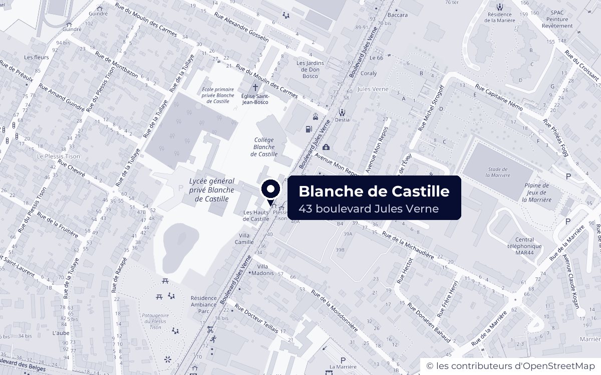 Plan d'accès : Blanche de Castille, 43 boulevard Jules Verne à Nantes, quartier du Plessis-Tison